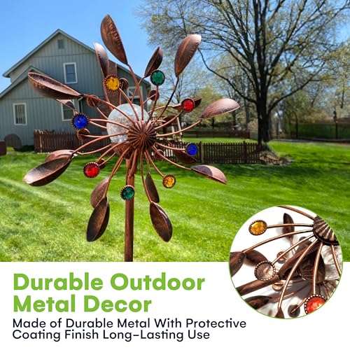 SteadyDoggie 75-Inch Wind Spinners Jewel Cup - Solar-Powered with Multi-Color LED Glass Ball - Metal Kinetic Windmill for Dual Wind Direction - Easy to Assemble Garden and Outdoor Yard Decorations 2