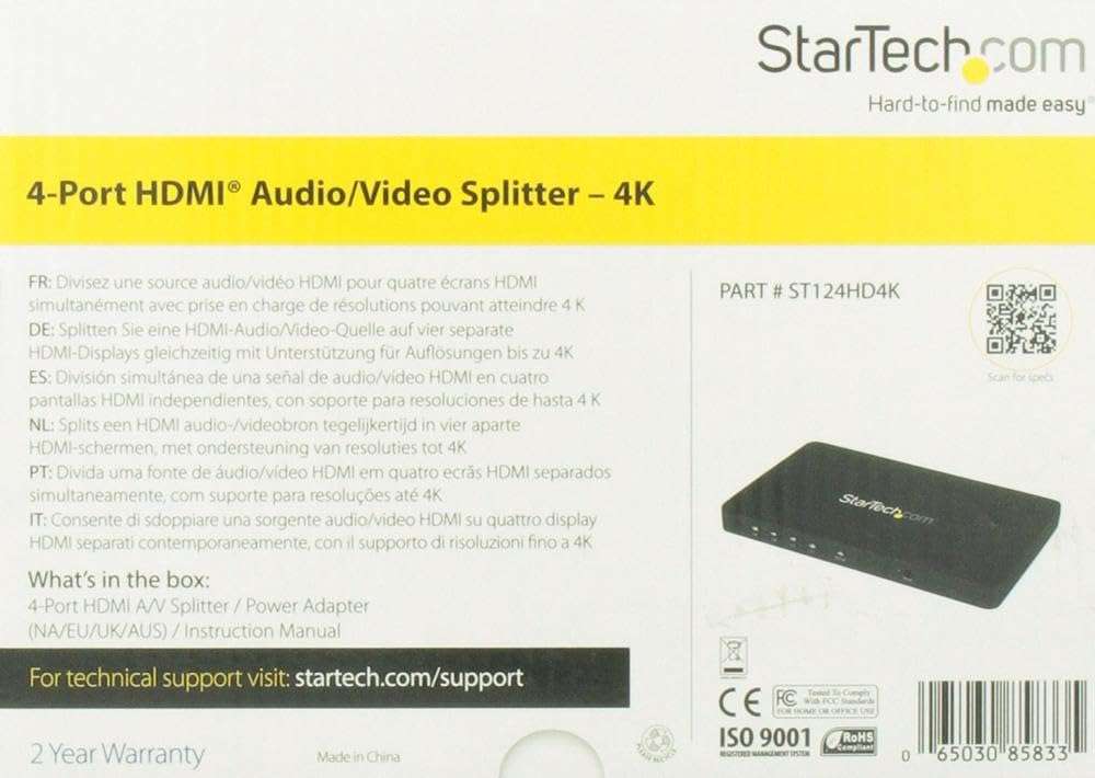 StarTech.com 4K HDMI Splitter - 4k 30Hz - 4 Port - Aluminum - Backward Compatible - HDMI Multi Port - HDMI Hub 5