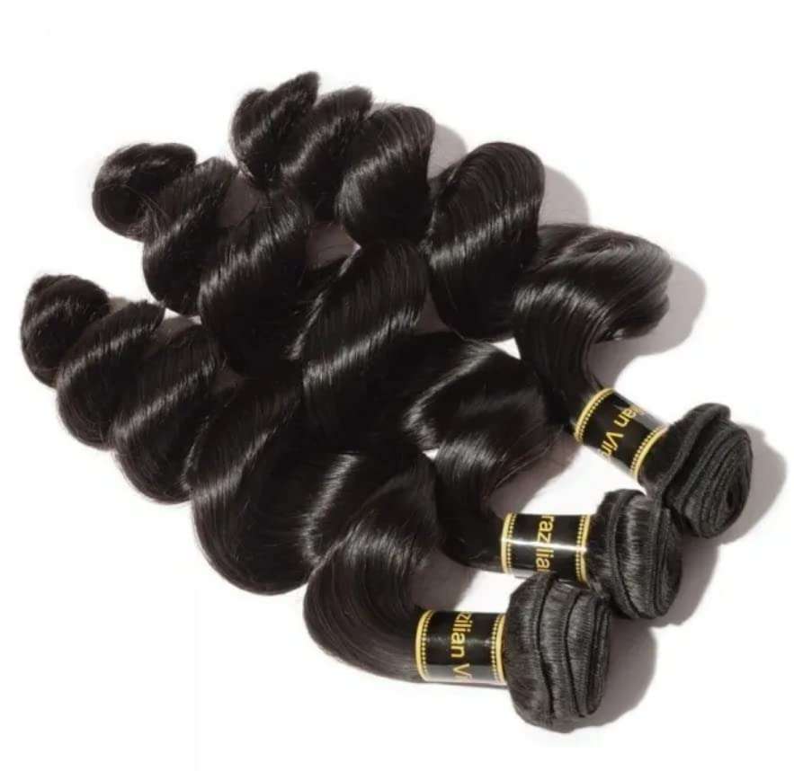 Belle Air Beaute Loose Wavy Virgin Brazilian Hair-High Quality Loose Wavy Hair 100% Unprocessed Loose Wave Bundle- Hair Extensions #1B Natural Black Hair-16Inch(100g), 16 Inch 3