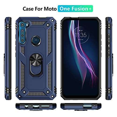 Moto One Fusion+ Case, Motorola Moto One Fusion Plus Case (Not fit Moto One Fusion) with HD Screen Protectors, Androgate Military-Grade Ring Kickstand 15ft Drop Tested Shockproof Cover Case Blue 2