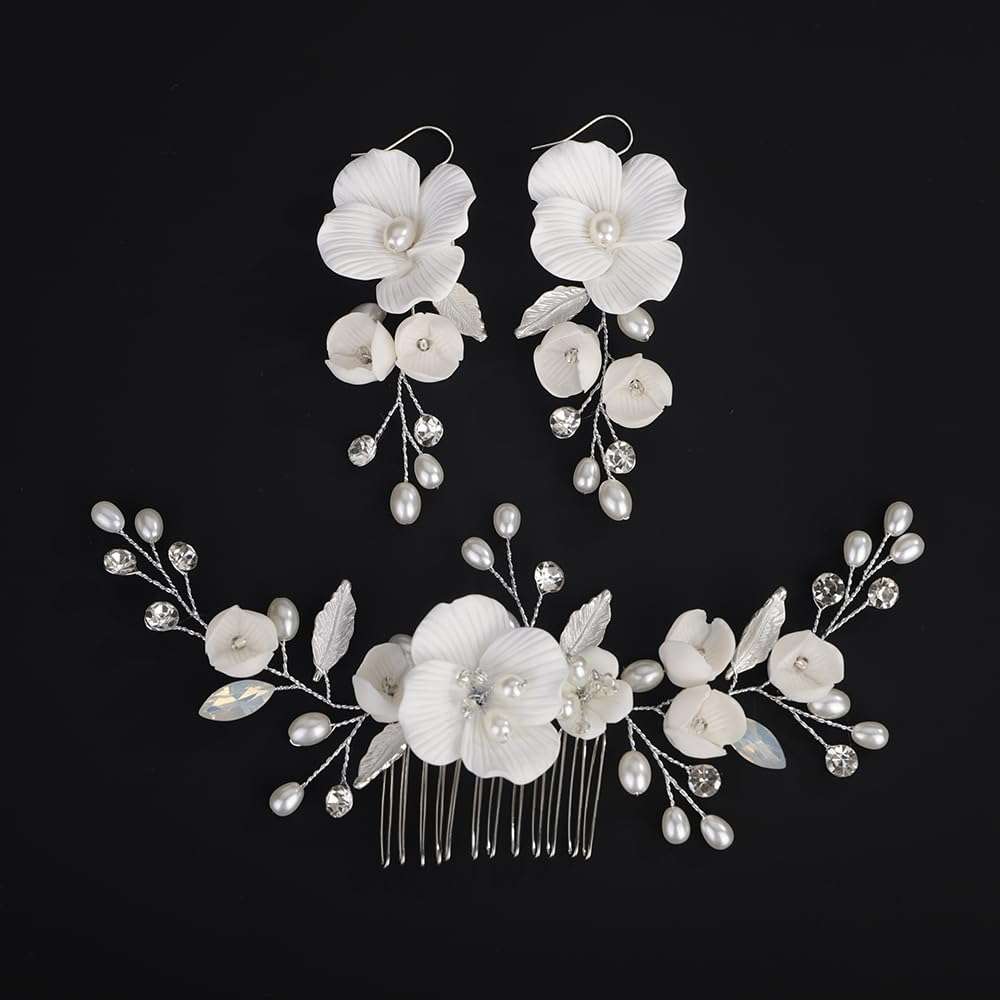 Rumtock White Flower Silver Hair Comb with Pearl Beads Wedding Bridal Jewelry Set Women Special Occasion Hair Piece (Silver) 1