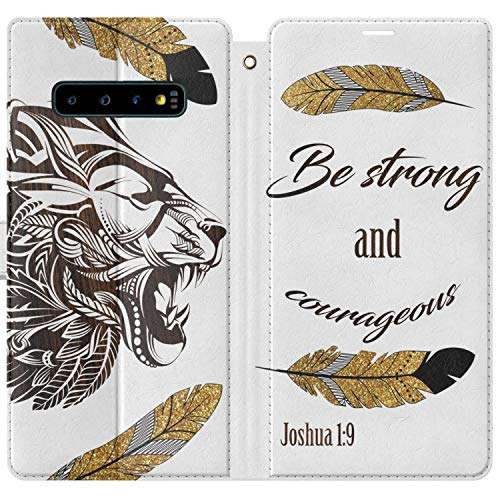 Mertak Wallet Case Compatible with Samsung Galaxy Note 20 Ultra S21 Plus S20 A70 S10 Flip Folio Bible Verse Slim Magnetic PU Leather Quote Lightweight Card Holder Be Strong and Courageous Lion 3