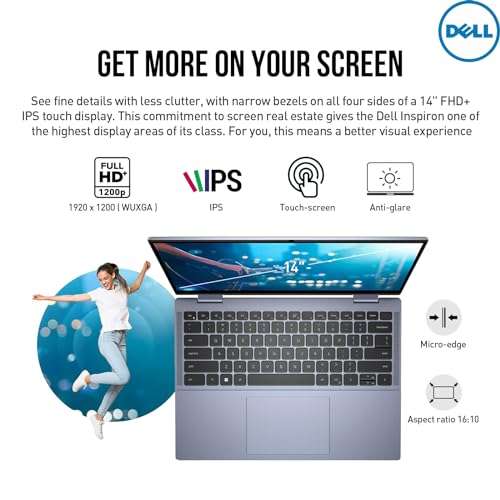 Dell Inspiron 14 2 in 1 Touchscreen Laptop, 14 Inch FHD+ Touch Screen Convertible, AMD Ryzen 5, 8GB RAM 512GB SSD, Windows 11 Pro, Lifetime Microsoft Office, Backlit Keyboard, Fingerprint Reader, HDMI 5