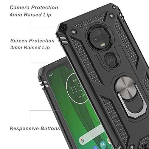 Moto G7 Plus Case,Moto G7 Case with HD Screen Protector (2Pack) KaiMai 360 Degree Rotating Ring & Bracket Dual Layers of Shockproof TPU and Solid PC Phone Case for Moto G7 Plus 6.2"-Black 5