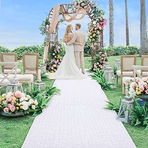 White Wedding Aisle Runner for Indoor 4ft x 20ft Rosette Floral Carpet Runner for Party Prom Outdoor 1