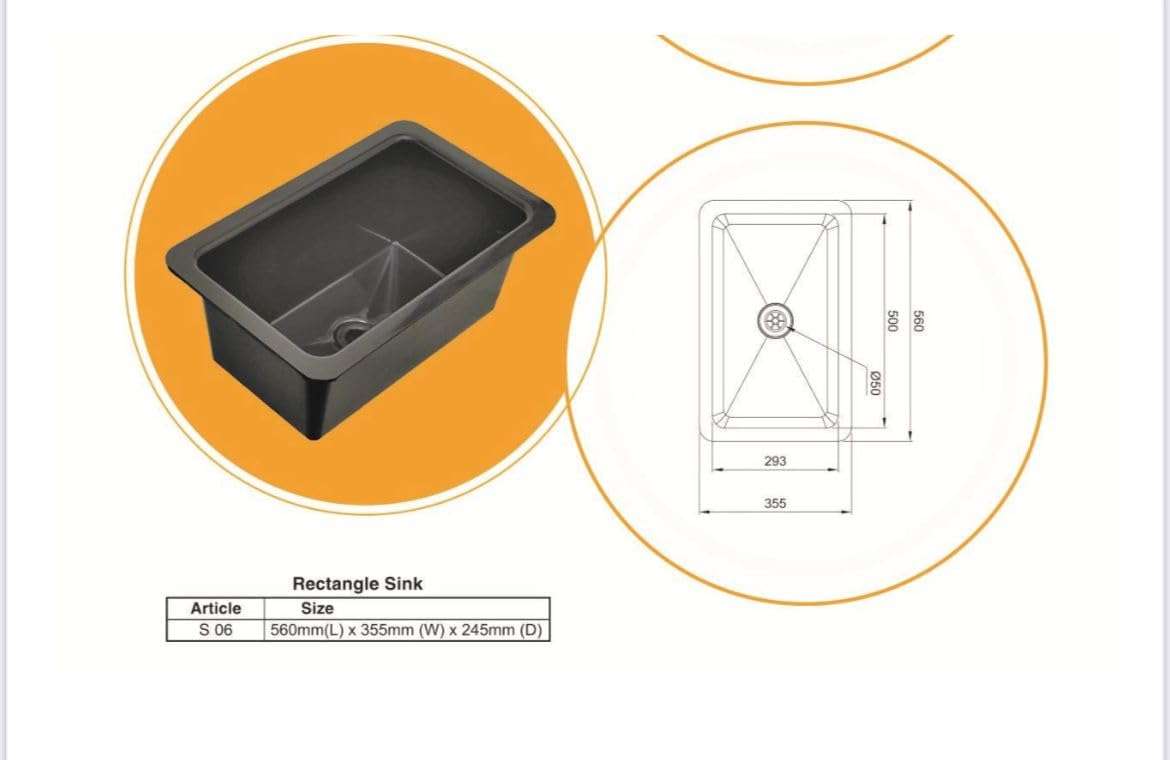 Laboratory PP Sink, Black, 560 x 355 x 245 mm, with Nipples 3