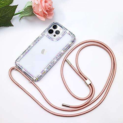 Bonitec Compatible with iPhone 12 Pro Max Crossbody Case 3D Glitter Sparkle Bling Luxury Shiny Crystal Rhinestone Diamond Clear Protective Girly Cover Adjustable Neck Strap Lanyard Band for Women 3