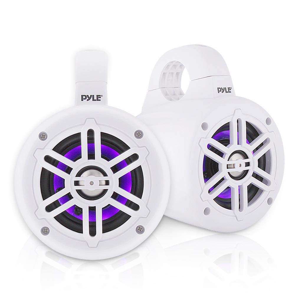 Pyle Waterproof Marine Wakeboard Tower Speakers - 4 Inch Dual Subwoofer Speaker Set w/ 300 Max Power Output - Boat Audio System w/Built-in LED Lights - Mounting Clamps Included PLMRLEWB46W (White)