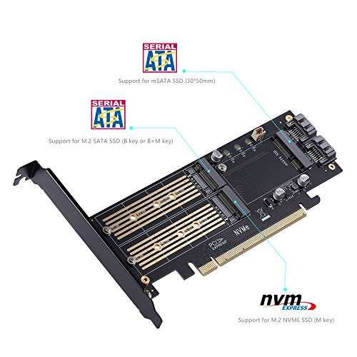 3 in 1 M.2 and mSATA SSD Adapter Card for NVME to PCIE, SATA III, and mSATA (with 2 Aluminum Heatsink) 3