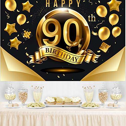 Happy 90th Birthday Backdrop for Men Women | 90 Birthday Backdrop Background Banner 90th Anniversary Backdrop | Happy 90th Birthday Photo Backdrop Banner Wall Decorations Black and Gold 71 x 49 inch 4