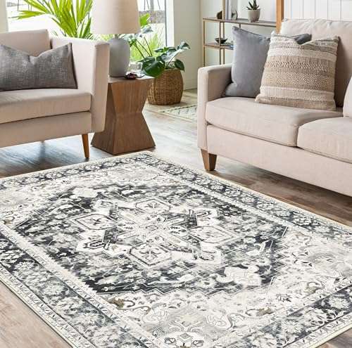 Topotdor Washable Rugs 6x9 Vintage Area Rugs Non-Slip Area Rugs Low Pile Floor Carpet Printed Soft Durable Stain Resistant Foldable Rugs Living Room Dining Room Bedroom,Beige 4