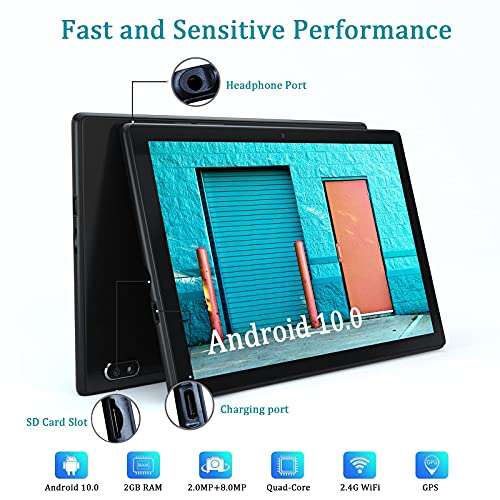 Justethan Tablet 10 inch, Android 10.0 PC 32GB Storage Expanded to 128GB, WiFi Tablets with 8MP Rear Camera, Quad-Core Processor, 1280x800 IPS HD Display, 6000mAh Battery, Bluetooth (Black) 4