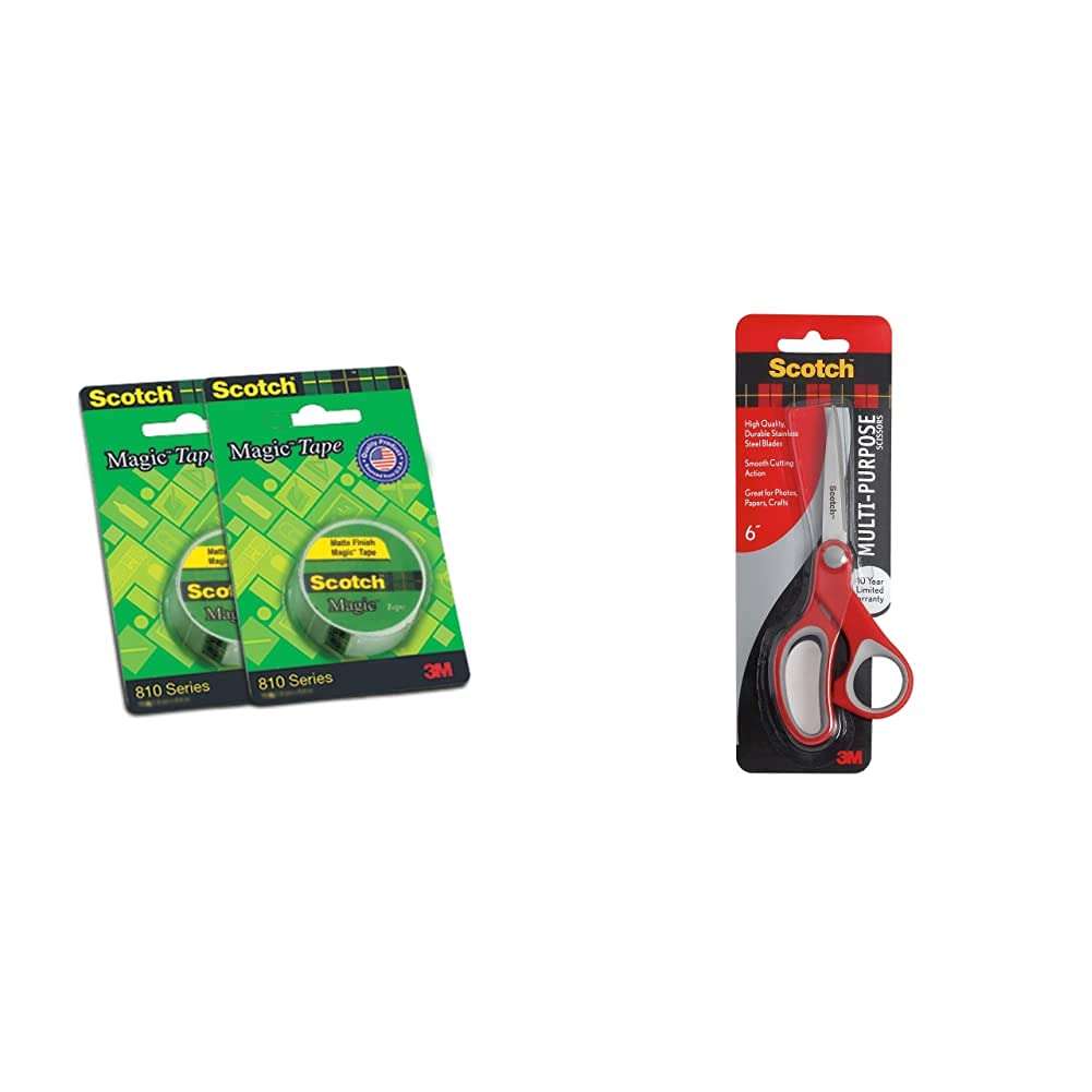 Scotch Magic Tape - The Original Matte-Finish Invisible Tape by 3M, Pack of 2 (2 Rolls, Width 1.9cm Length 25.4m) & Scotch 6-inch Multipurpose Scissor
