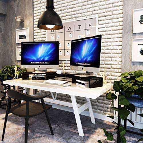 Computer Monitor Stand Riser for 2, Dual, Double, 3, Triple, Multi, Multiple Desktop Monitors with Adjustable Length & Angle, Laptop Corner Stands Lift Organizer, Long Wood Black Shelf Desk Storage 5