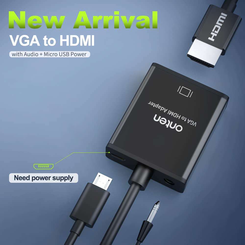 ONTEN VGA to HDMI Adapter, 1080P VGA to HDMI (Male to Female) for Computer, Desktop, Laptop, PC, Monitor, Projector, HDTV with Audio Cable and USB Cable (Black)(2 - Pack) 4