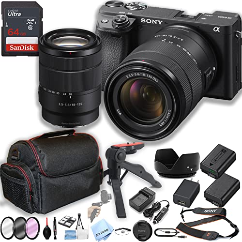 Sony a6400 Mirrorless Camera with18-135mm Zoom Lens + 64GB Memory + Case+ Steady Grip Pod + Filters + 2X Batteries + More (30pc Bundle)