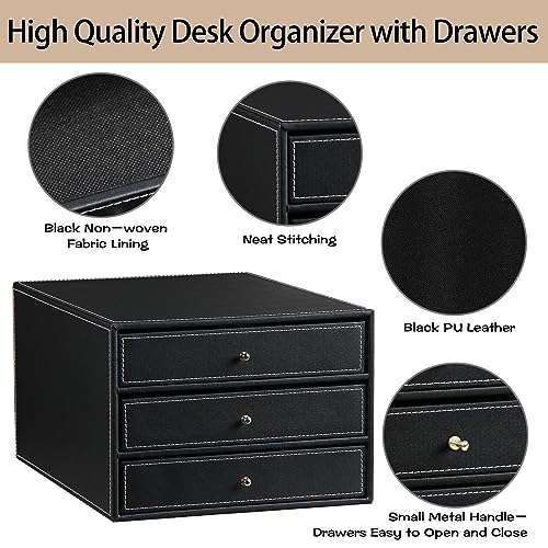 PU Leather Desktop Organizer with Drawers,3 Drawer Office Desk Organizer,Desktop Storage for Office Supplies/A4 Paper/Magazine/Book,for Office School Home.Black 3