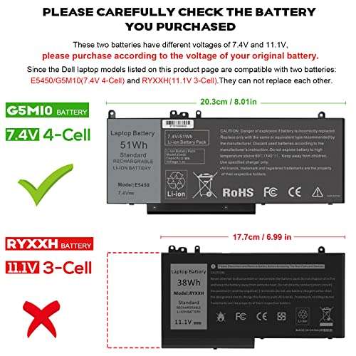 G5M10 Battery for Dell Latitude 14 15 E5450 E5550 E5250 P48G001 Series, 15.6 inch, WYJC2 0WYJC2 8V5GX R9XM9 1KY05 08V5GX VMKXM 5XFWC PF59Y TXF9M 7V69Y 451-BBLN 451-BBLL 451-BBLK 080-854-0066 3
