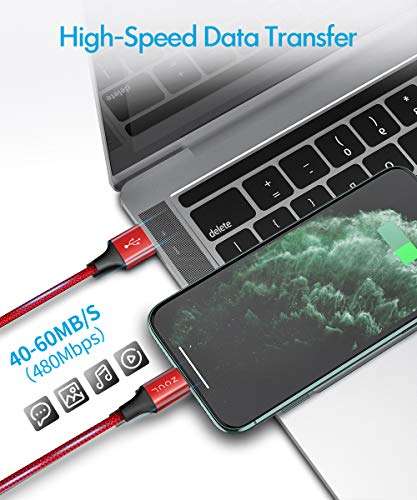 Zoul USB to Lightning Nylon Braided Fast Charging and Data Sync Cable Compatible for iPhone 14, 13, 12, 11, X, XR, XS, XS Max, 8, 7, 6, iPad Air/Pro/Mini (1M, Red) 5