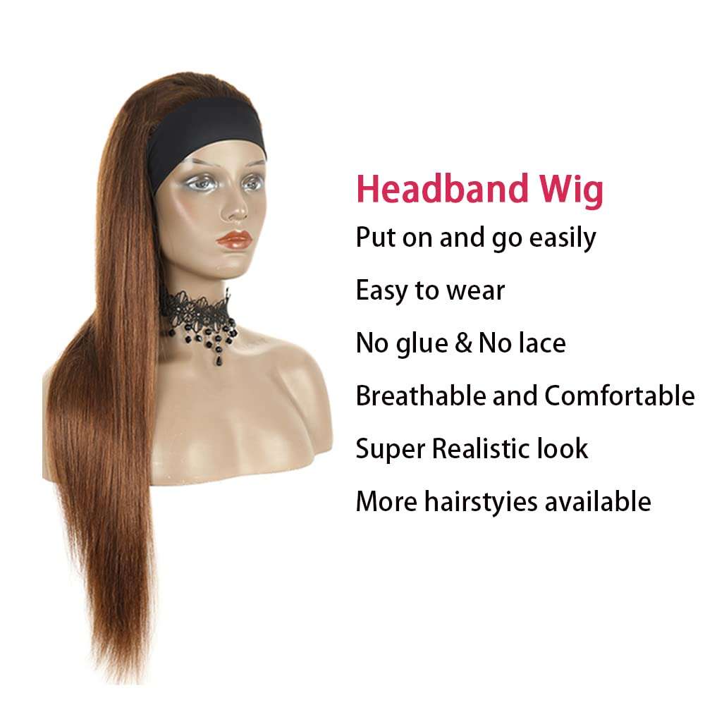 1B30 Straight Headband Wig Human Hair Ombre Brown Headband Wig 130% Density Unprocessed Virgin Hair Wigs Dark Brown Color Straight Machine Made Wigs 20 Inch 6