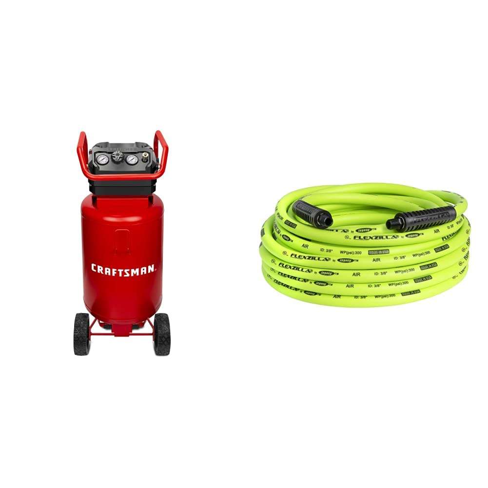 CRAFTSMAN Air Compressor, 20 Gallon, 1.8 HP, Oil-Free Air Tools, Red & Flexzilla Air Hose, 3/8 in. x 50 ft, 1/4 in. MNPT Fittings, Heavy Duty, Lightweight, Hybrid, ZillaGreen - HFZ3850YW2 1