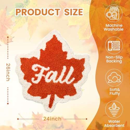 DEXDE Fall Bathroom Rugs 20x32 Inches Cute Maple Leaf Bath Mat, Washable Non-Slip Absorbent Microfiber Bath Rug for Tub Shower Autumn Farmhouse Decor, Yellow/Brown/Rust 2