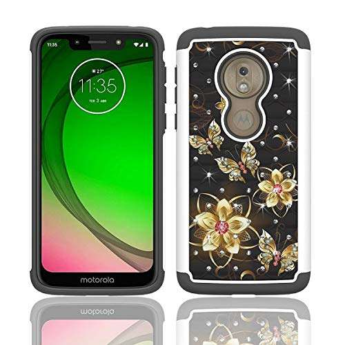Compatible Case for Straight Talk Moto g7 Optimo Prepaid Smartphone/Moto G7 Play, Studded Rhinestone Crystal Bling Shockproof Cover Case (Black- Gold Butterfly) 1