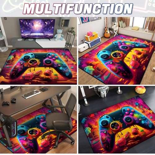 Gaming Area Rug Teen Boys Carpet, Lava Design Gamepad and Colorful Bomb Background Game Controller Design for Game Room, Gaming Room, Boys Girls Bedroom Playroom, Living Room (63"x47" - 160x120cm) 5