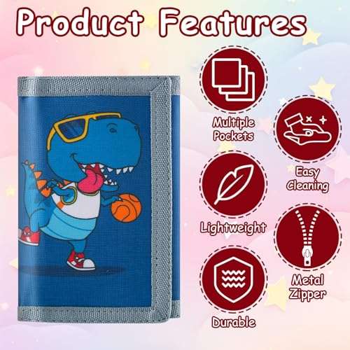 3 Packs Kids Wallet Bulk, Mini Trifold Coin Purse Cartoon Wallet, RFID Blocking Wallet, Front Pocket Wallet with Zipper for Kids, Canvas Outdoor Sports Wallets with Magic Sticker - Dinosaur 2 5