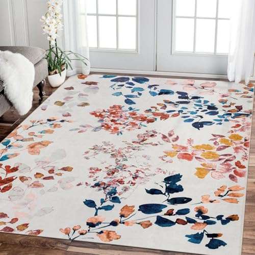 Fashriend Phyllis Modern Area Rug, 3'6''×5'6'' Washable Accent Floral Rug, Non-Slip Flower Leaf Carpet, Non-Shedding Colorful Rug with Low Pile for Living Room, Bedroom, Dining, Office, Multicolor 1