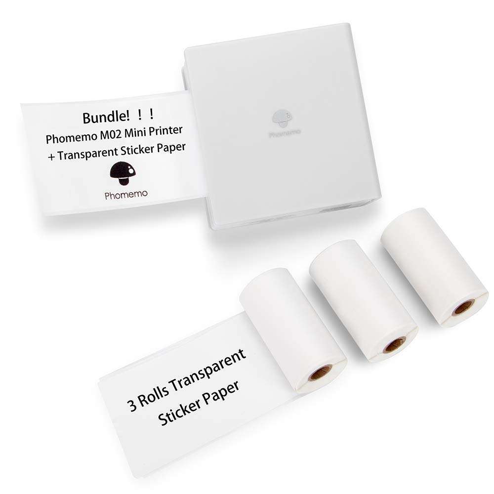 Phomemo M02 Mini Mobile Printer- Bluetooth Thermal Photo Printer with 3 Rolls Transparent Sticker Paper, Compatible with iOS + Android for Plan Journal, Study Notes, Art Creation, Work, Gift 1