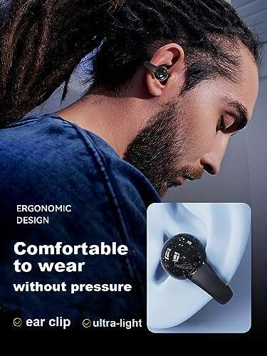 Ear-Clip Headphones Bluetooth 5.3 Open Ear Clip on Headphone Open Earbuds Wireless Bluetooth Bone Conducting Earbuds Painless Wearing Clip Type Bluetooth Earphones Sports Waterproof Ear Headphones 5