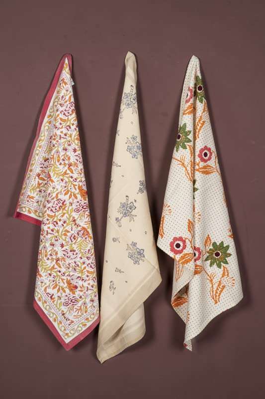 CONTRAST LIVING Rajui Hand Block Printed Kitchen Towel/Dish Towel/Hand Towel Multi Color Set of 3 Pcs 1