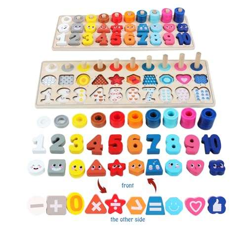 QZMTOY Wooden Montessori Toys for Kids, Toddler Number Puzzles Sorter Counting Shape Stacker Stacking Game Preschool Toys for Boy Girl Learning Education Math Blocks Chunky Puzzles Gift for Toddlers 1