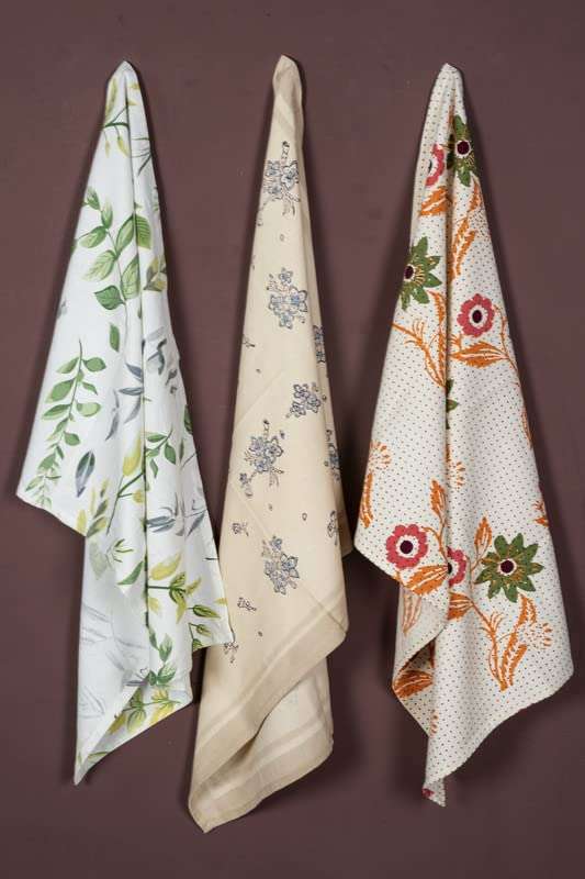 CONTRAST LIVING Sabi Hand Block Printed Kitchen Towel/Dish Towel/Hand Towel Multi Color Set of 3 Pcs 1