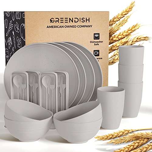 GREENDISH Wheat Straw Dinnerware Set 24-Piece - Cups, Plates and Bowls Sets for 4 with Reusable Cutlery Utensils - Unbreakable Wheatstraw Plastic Dinnerware Set with Fork Spoon Knife - Dishwasher Safe 1