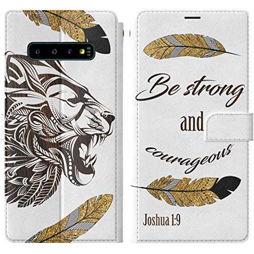 Mertak Wallet Case Compatible with Samsung Galaxy Note 20 Ultra S21 Plus S20 A70 S10 Flip Folio Bible Verse Slim Magnetic PU Leather Quote Lightweight Card Holder Be Strong and Courageous Lion 2