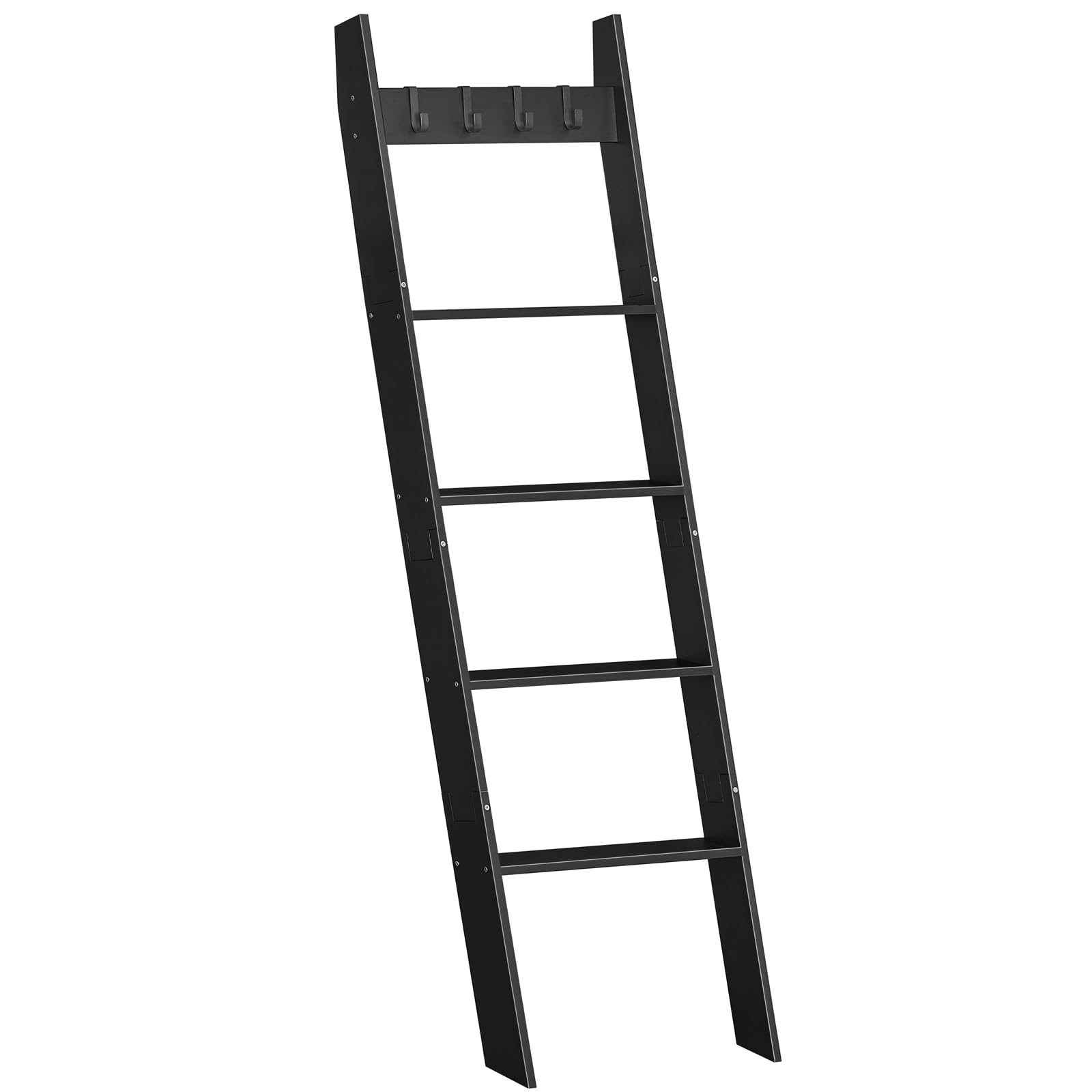 HOOBRO Blanket Ladder for Living Room and Bedroom, 5-Tier Wall Leaning Towel Rack for Bathroom, Decorative Ladder Shelf with 4 Removable Hooks, Farmhouse Blanket Storage, Black BB51CJ01G1