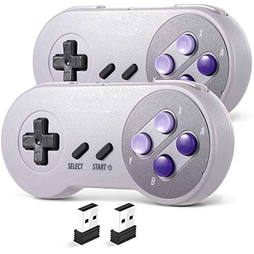 SAFFUN 2 Pack 2.4 GHz Wireless USB Controller Compatible with Super NES Games, SNES Retro USB PC Super Classic Controller for Windows PC MAC Linux Genesis Raspberry Pi Retropie (Purple/Gray) 1