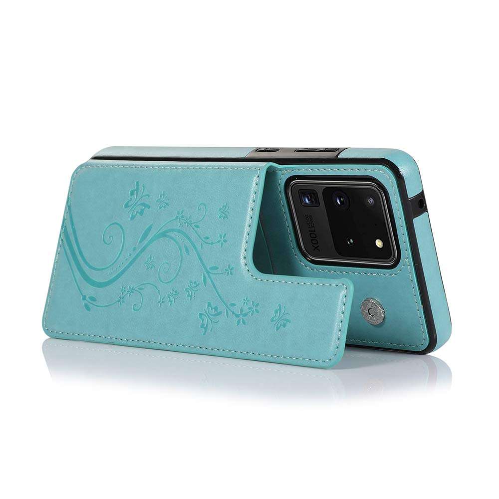 Phone Case for Samsung Galaxy S20 Ultra Glaxay S20ultra 5G with Tempered Glass Screen Protector Card Holder Wallet Cover Stand Flip Leather Cell Gaxaly 20S S 20 A20 20ultra G5 Cases Women Men Green 6