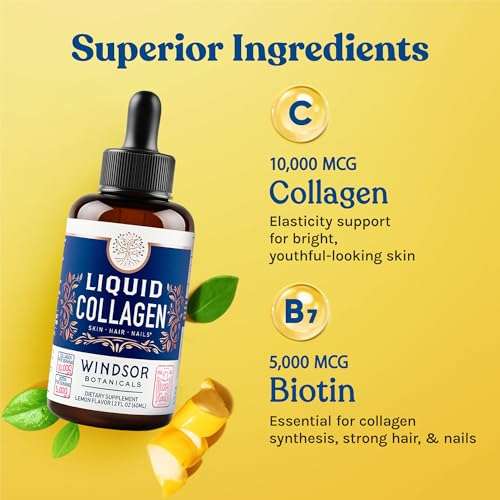WINDSOR BOTANICALS Liquid Collagen for Women and Men - Hair, Skin, Nails Vitamins - Lemon Flavor Collagen Peptides Hair Growth Drink - 5,000mcg Biotin, 10,000mcg - US Made - 2x2oz 4