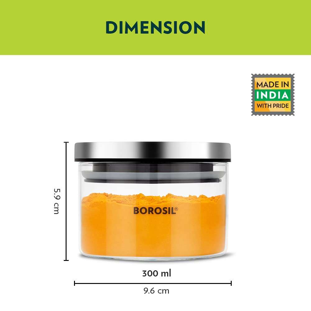 Borosil Classic Glass Jar, Air-Tight Storage Containers For Kitchen, Glass Storage Organiser For Spices, Snacks, Grains, Dals, 300ml, Clear 4