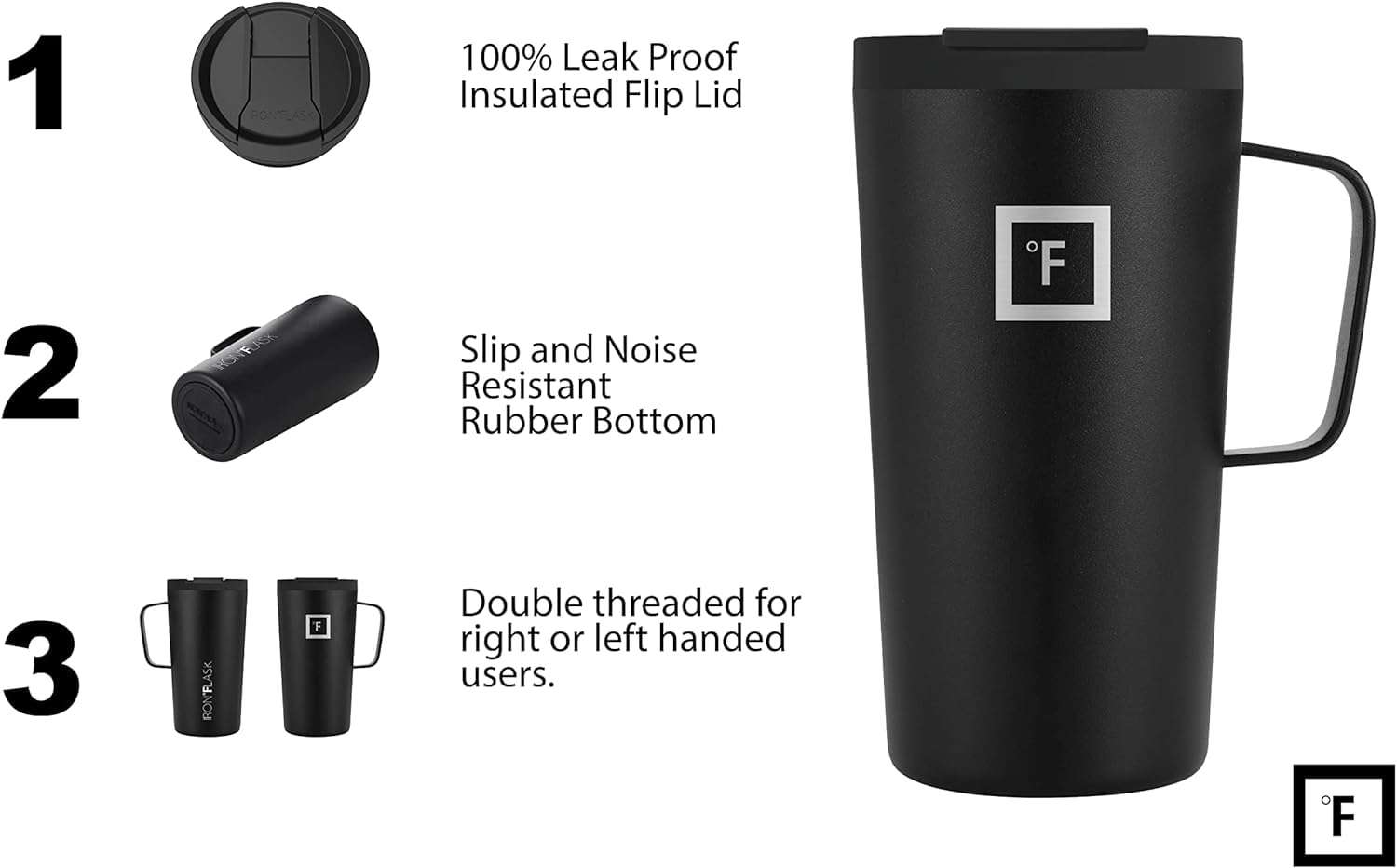 IRON °FLASK Grip Novelty Coffee Mug - Leak Proof, Vacuum Insulated Stainless Steel Bottle, Double Walled, Thermo Travel, Hot Cold, Water Metal Canteen - Midnight Black, 16 Oz - Rubber Bottom 5