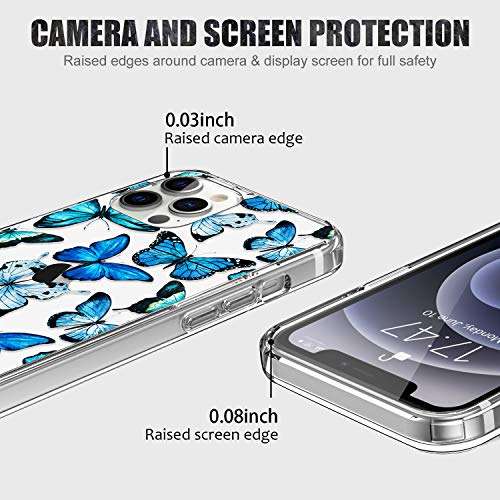 LUHOURI Designed for iPhone 12 Pro Max Case with Screen Protector - Crystal Acrylic Clear for Women and Girls - Slim Fit Protective Phone Cover 6.7" - Floral Blue Butterflies 4