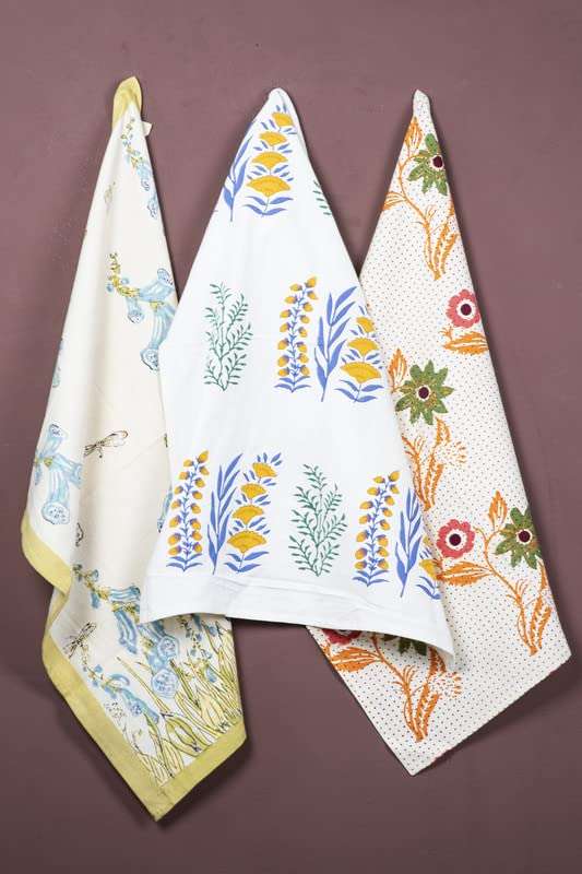 CONTRAST LIVING Bimla Hand Block Printed Kitchen Towel/Dish Towel/Hand Towel Multi Color Set of 3 Pcs 1