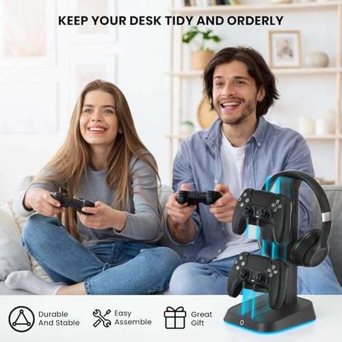 SALYMECONY Headphone Stand, Controller Holder & Headset Holder for Desk, Gaming Controller Holder with 6 RGB Lights - Display Stand, for Controllers of Xbox, PlayStation, Nintendo Switch, and More 4