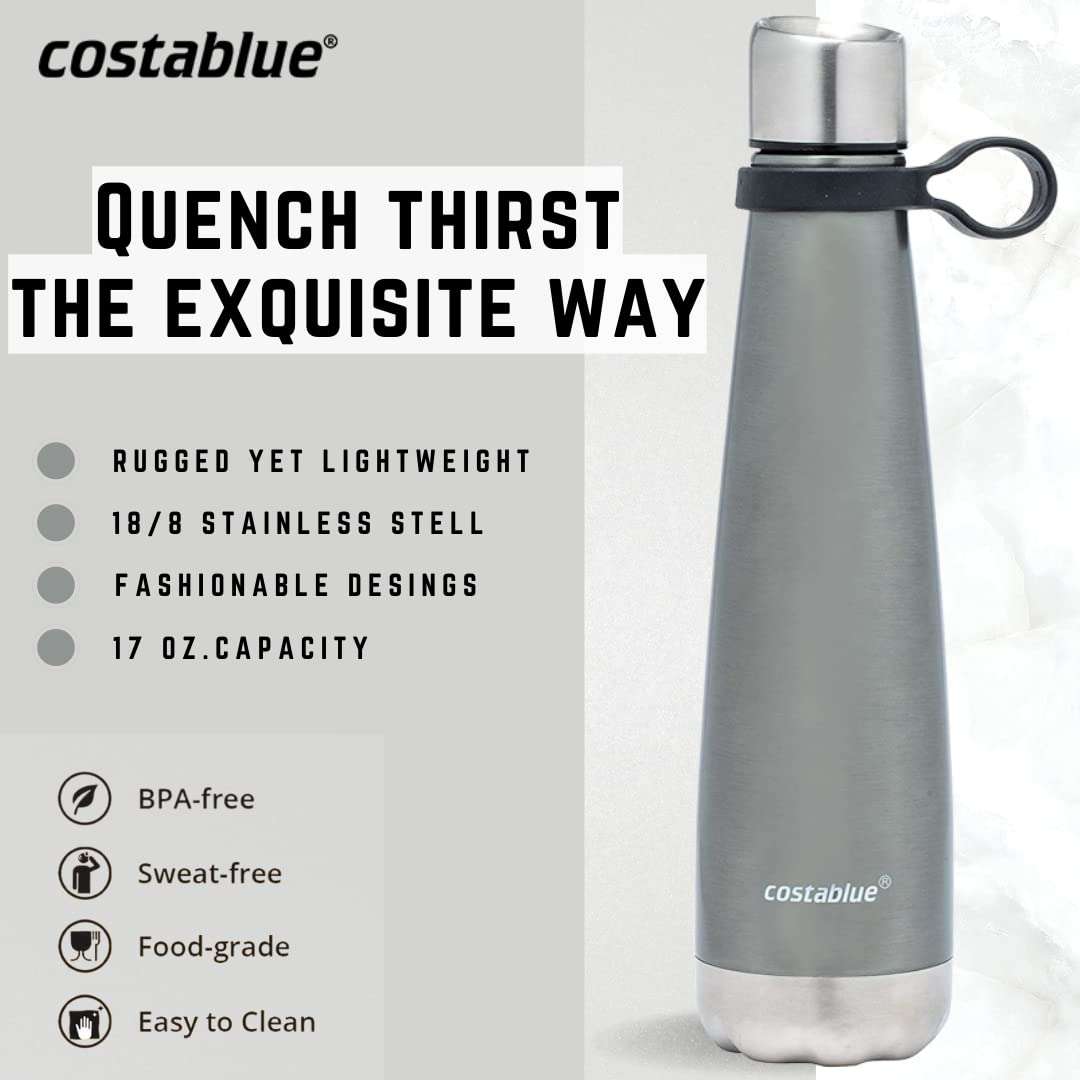 Costablue Insulated Water Bottle - On-The-Go Refillable Stainless Steel Water Bottles For Adults, Reusable Thermos Travel Tumbler With Leak-proof Lid For Hot & Cold Beverages (17 Oz. Silver Shadow) 6