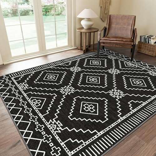 GENIMO Area Rug 3x5 Boho Chic Machine Washable Rugs for Living Room, Farmhouse Floor Cover, Geometric Print Thin Low Pile Carpet Mat with Non Slip Rubber Backing, Aztec Black 1