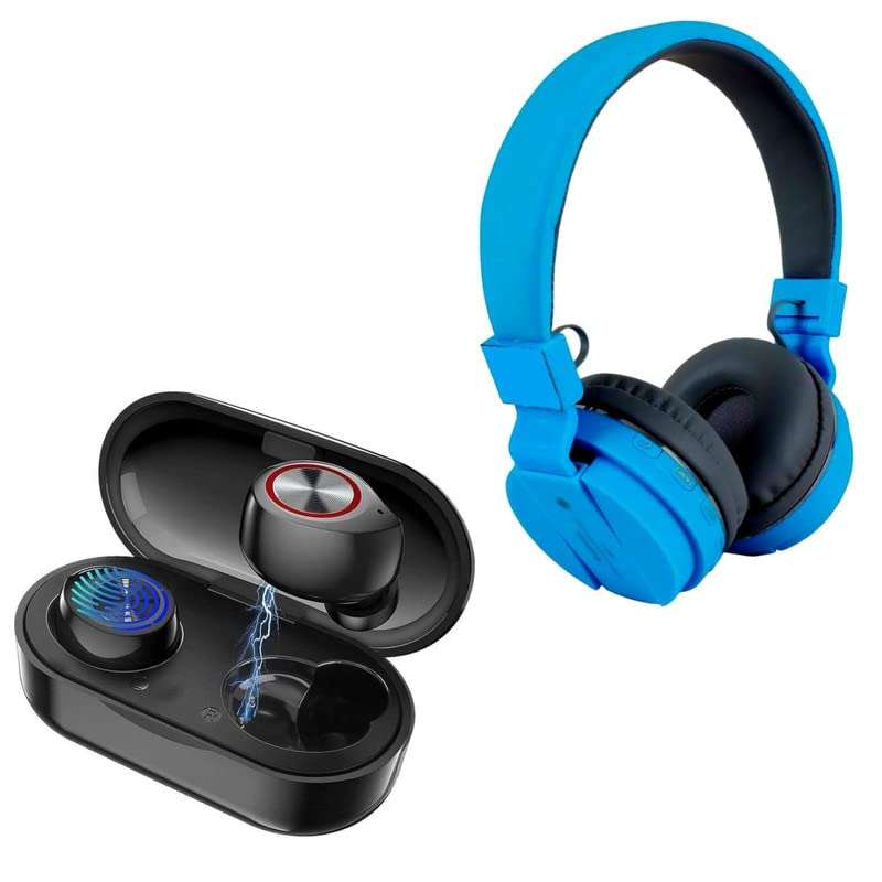 Cospex Combo Pack of 2 Items - Comfortable On-Ear Bluetooth Wireless Headphone, AL2 Bluetooth-compatible 5.0 Headphones True Wireless Earbuds Sport Earphones Stereo (1 Year Warranty) 1