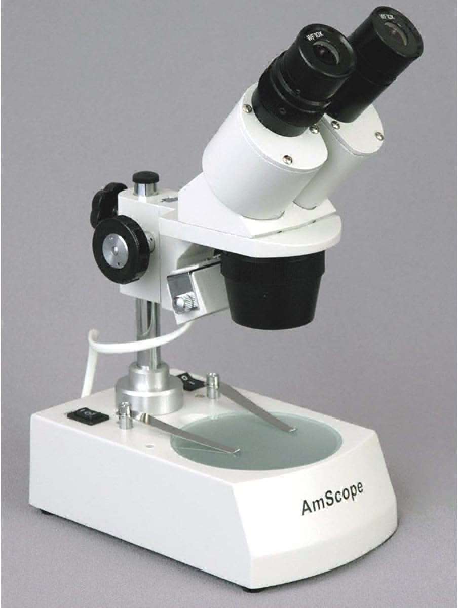 AmScope SE305R-P-LED Forward-Mounted Binocular Stereo Microscope, WF10x Eyepieces, 10X and 30X Magnification, 1X and 3X Objectives, Upper and Lower LED Lighting, Reversible Black/White Stage Plate, Pillar Stand, 120V or Battery-Powered 3